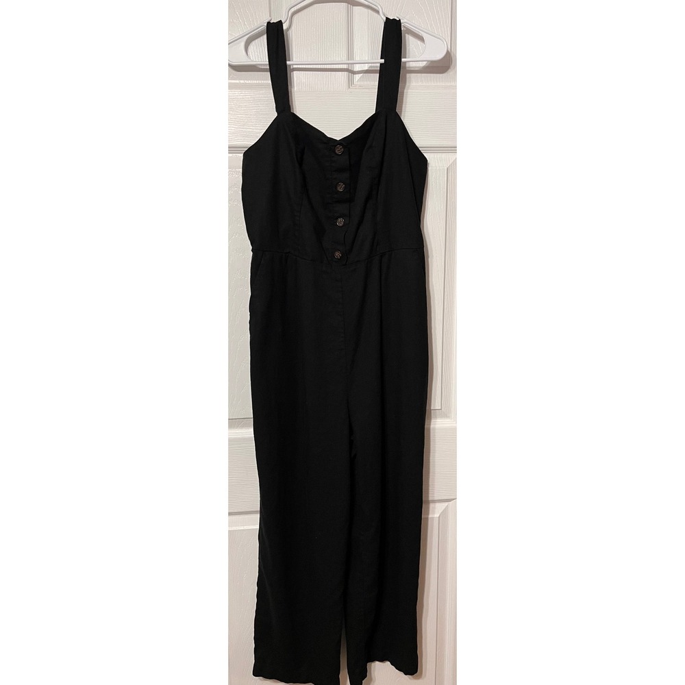 Old Navy Womens Black Linen Blend Button Front Smocked Wide Leg Jumpsuit L